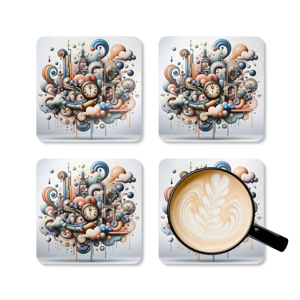 Four whimsical pastel coasters from the PixiOnyx Drinkware Art Cork Coaster Set