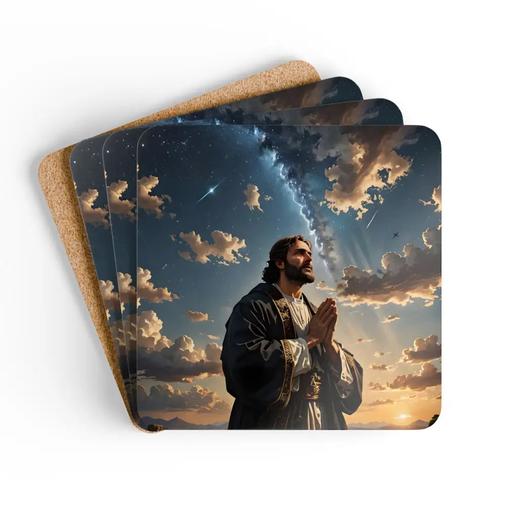 Square cork coasters with praying man design from PixiOnyx Divine Reflection Series