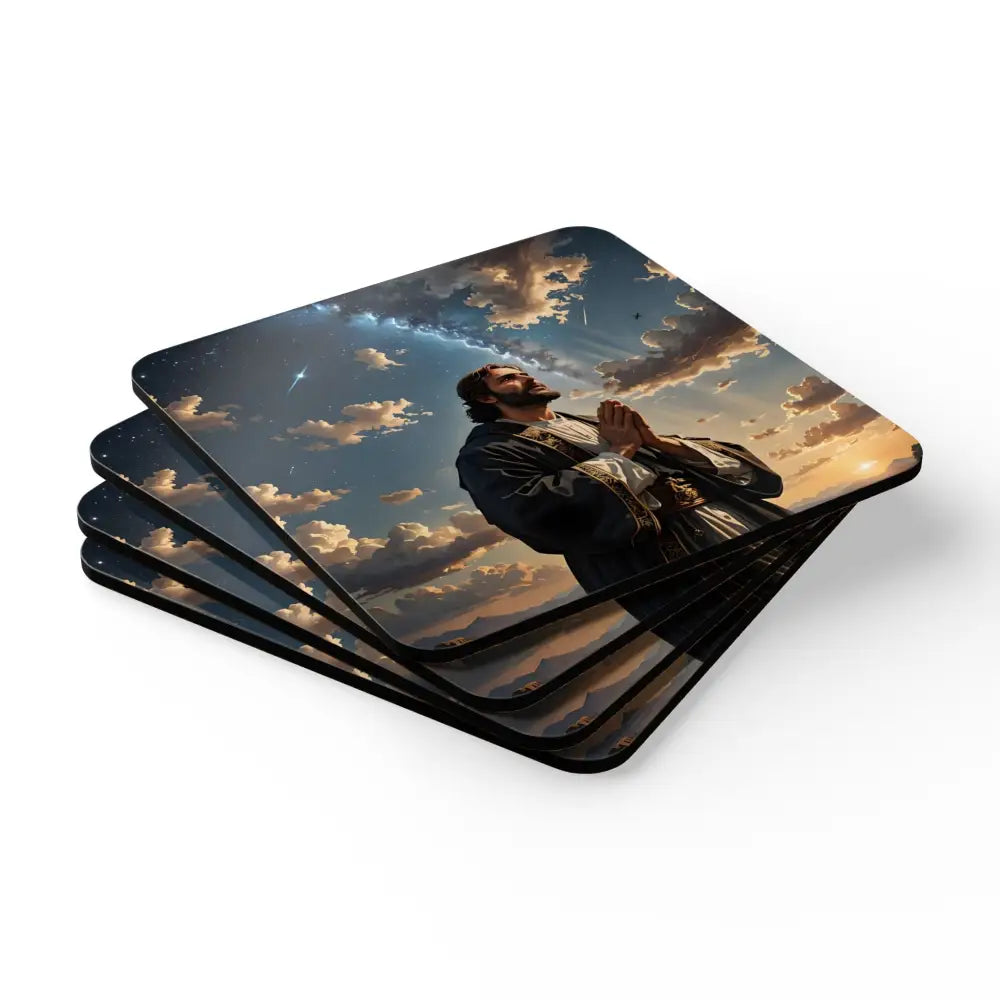 Square cork coasters featuring religious imagery from PixiOnyx Divine Reflection Series