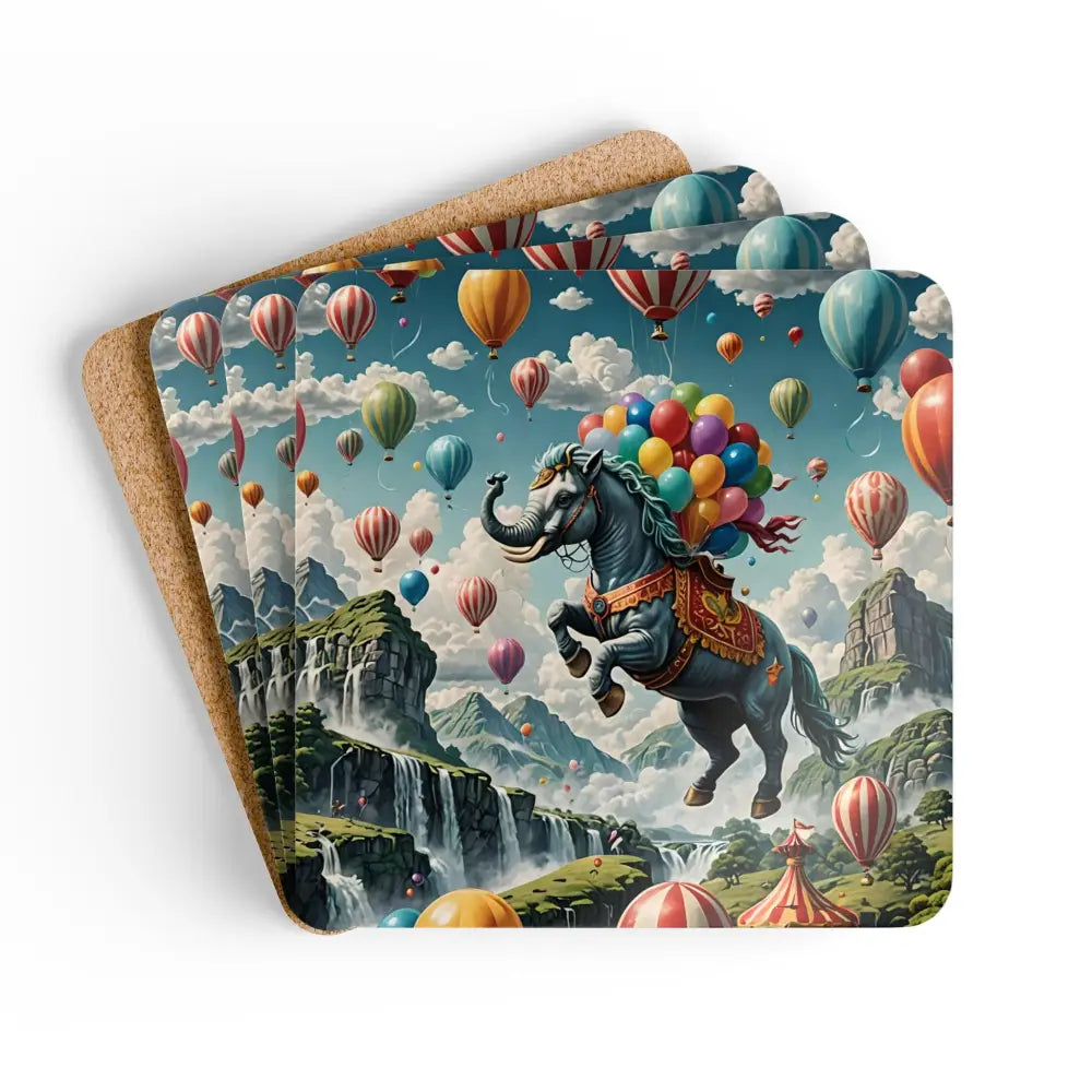 Square cork-backed coasters with whimsical elephant and balloon design from PixiOnyx Fantasy Absurdist Series