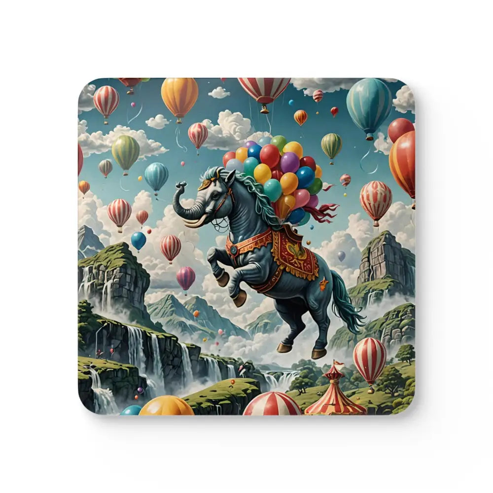 Square Cork Coaster with horse and elephant head carried by balloons from Skybound Majesty series