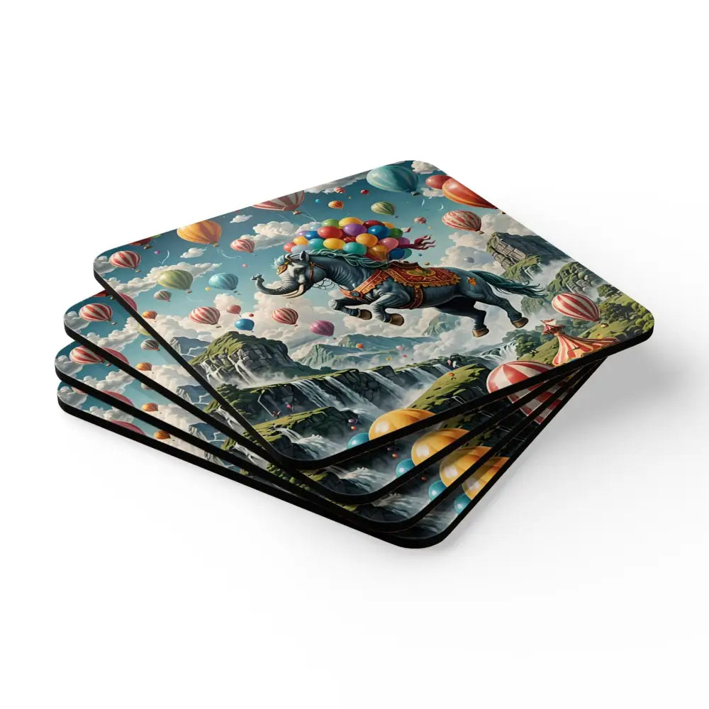 Stack of whimsical cork coasters from Skybound Majesty PixiOnyx Fantasy Absurdist Series