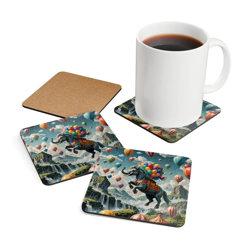 Whimsical elephant design cork coaster set from PixiOnyx Skybound Majesty series