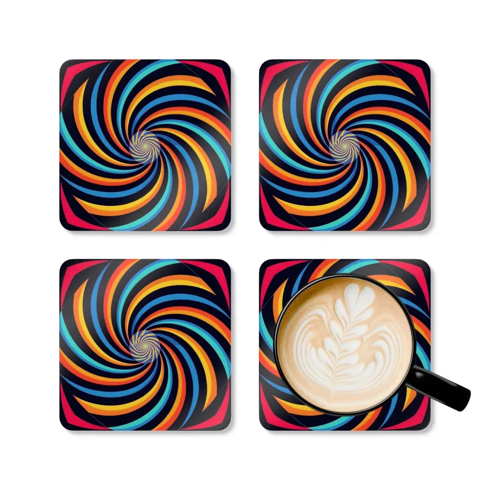 Colorful swirl cork coasters set with latte on one coaster from PixiOnyx Hypnotic Home Series