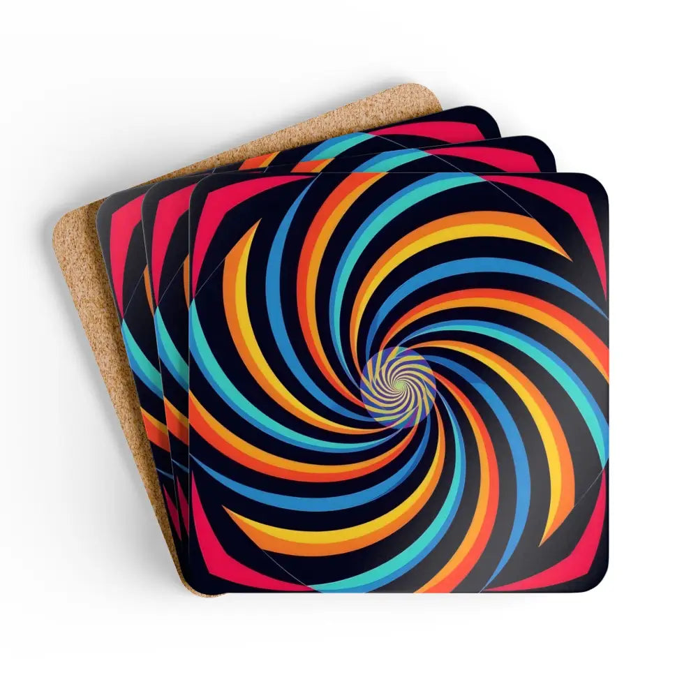 Colorful spiral-patterned cork coasters from PixiOnyx Spirograph Swirl Hypnotic Home Series
