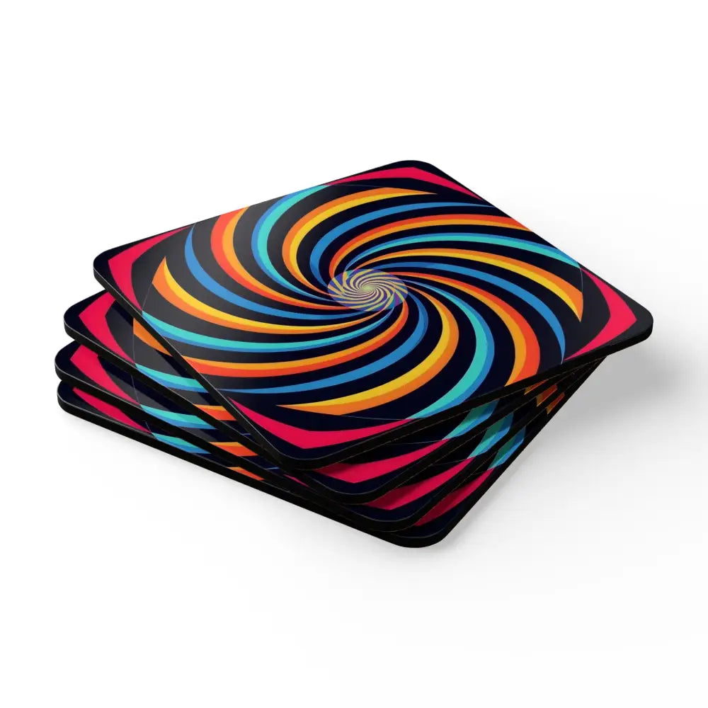 Colorful spiral cork coasters stacked in PixiOnyx Hypnotic Home Series Coaster Set