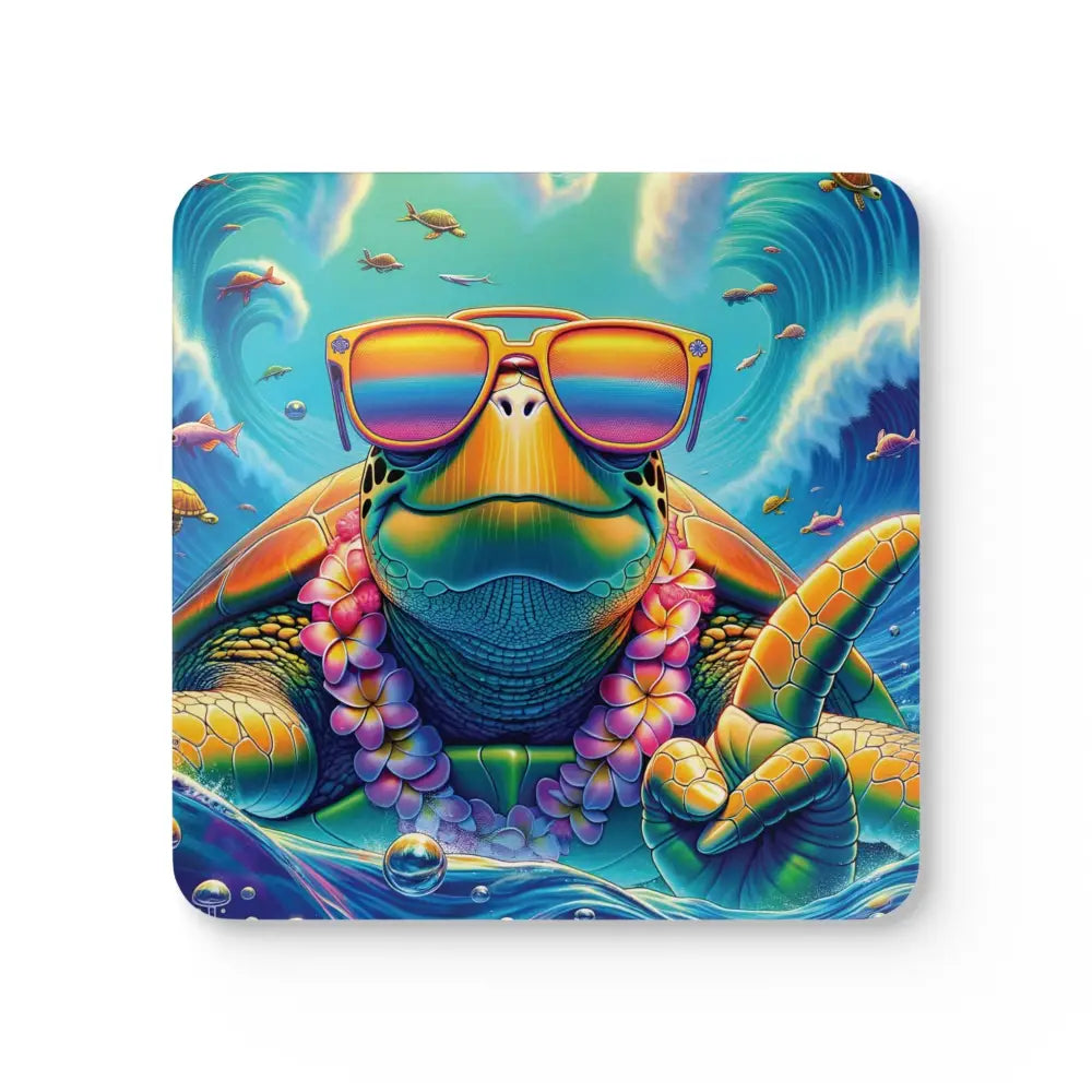 Colorful sea turtle vibed-out coaster set wearing sunglasses and lei channel beachy vibes