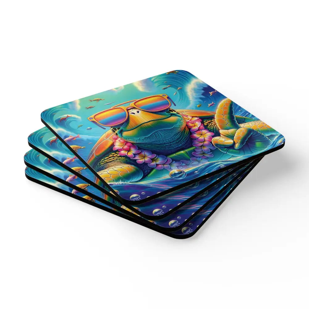 Colorful cartoon sea turtle vibed-out coaster set with sunglasses and lei for channel beachy vibes