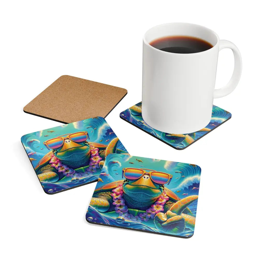 Vibed-out coaster set featuring sea turtle with sunglasses and lei for channel beachy vibes