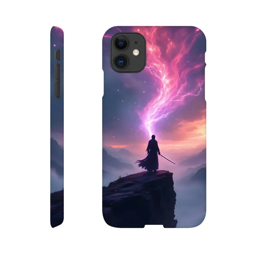Cosmic Cliff iPhone Case featuring mystical warrior design and PixiOnyx Slim Shell style