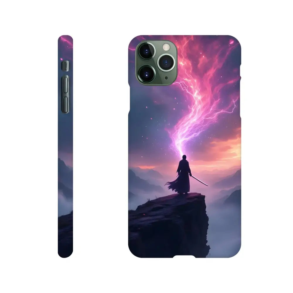 Cosmic Cliff iPhone Case with warrior and lightning design, slim edge of power shell