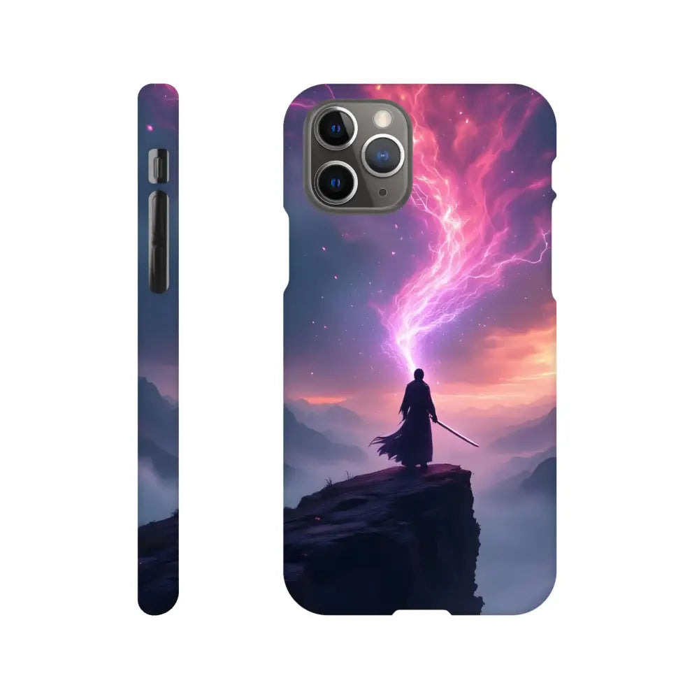 Cosmic Cliff iPhone Case featuring a samurai and lightning design from PixiOnyx Slim Shell