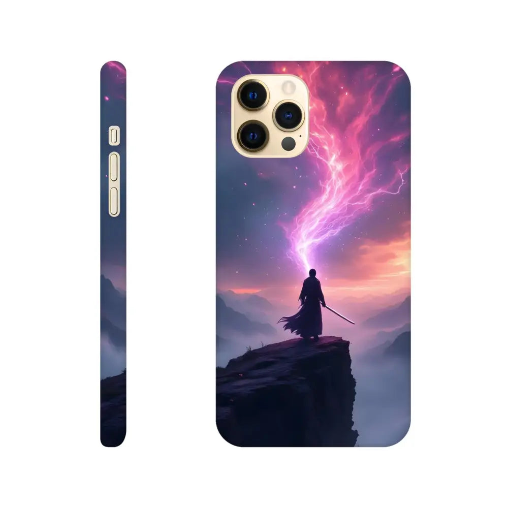 Cosmic Cliff iPhone Case with warrior and lightning design, slim PixiOnyx shell