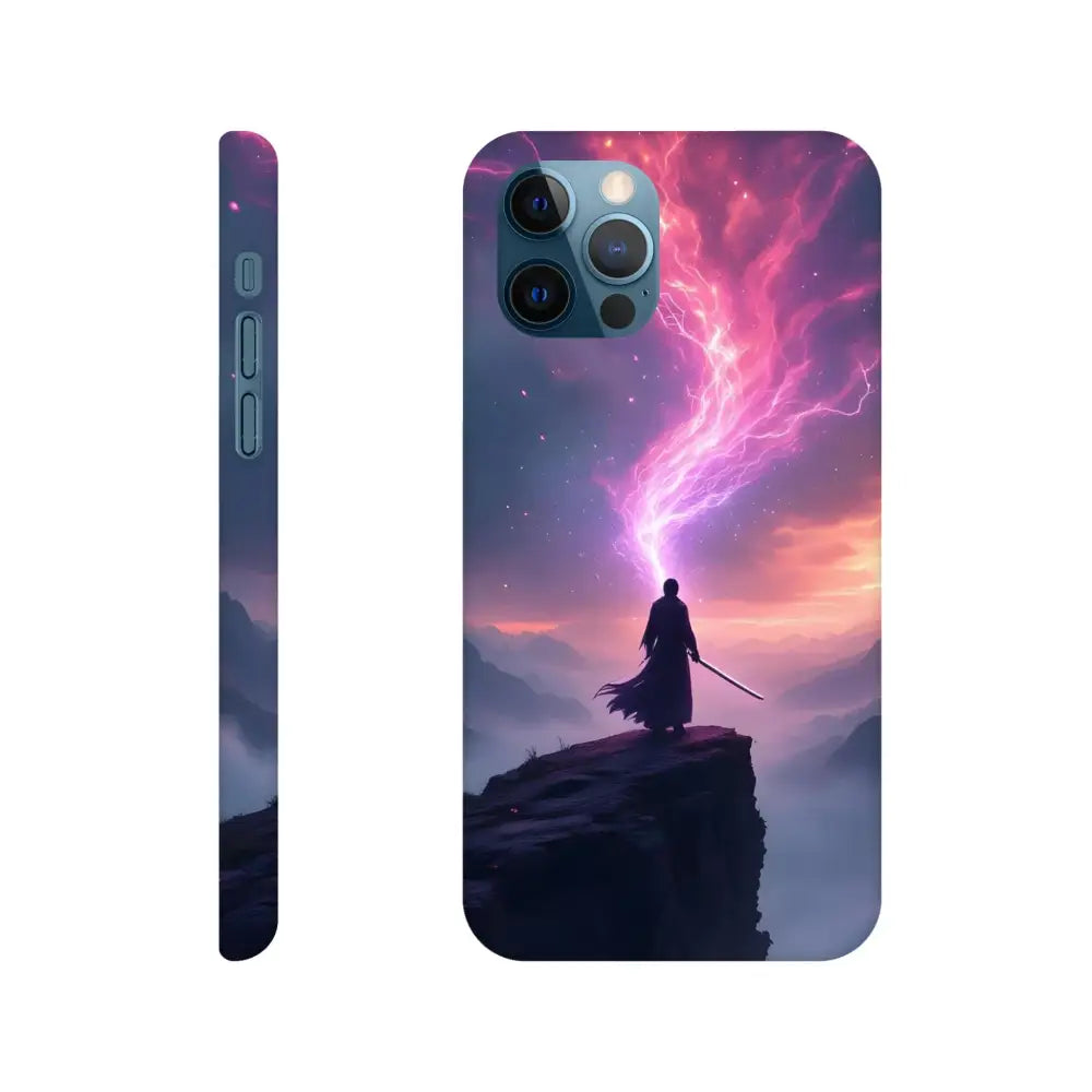 Cosmic Cliff iPhone Case featuring a samurai and lightning design in a slim shell