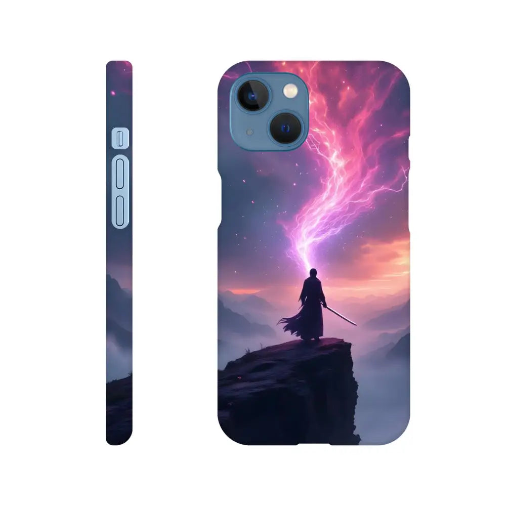 Cosmic Cliff iPhone Case featuring mystical warrior design and sleek PixiOnyx Slim Shell appearance