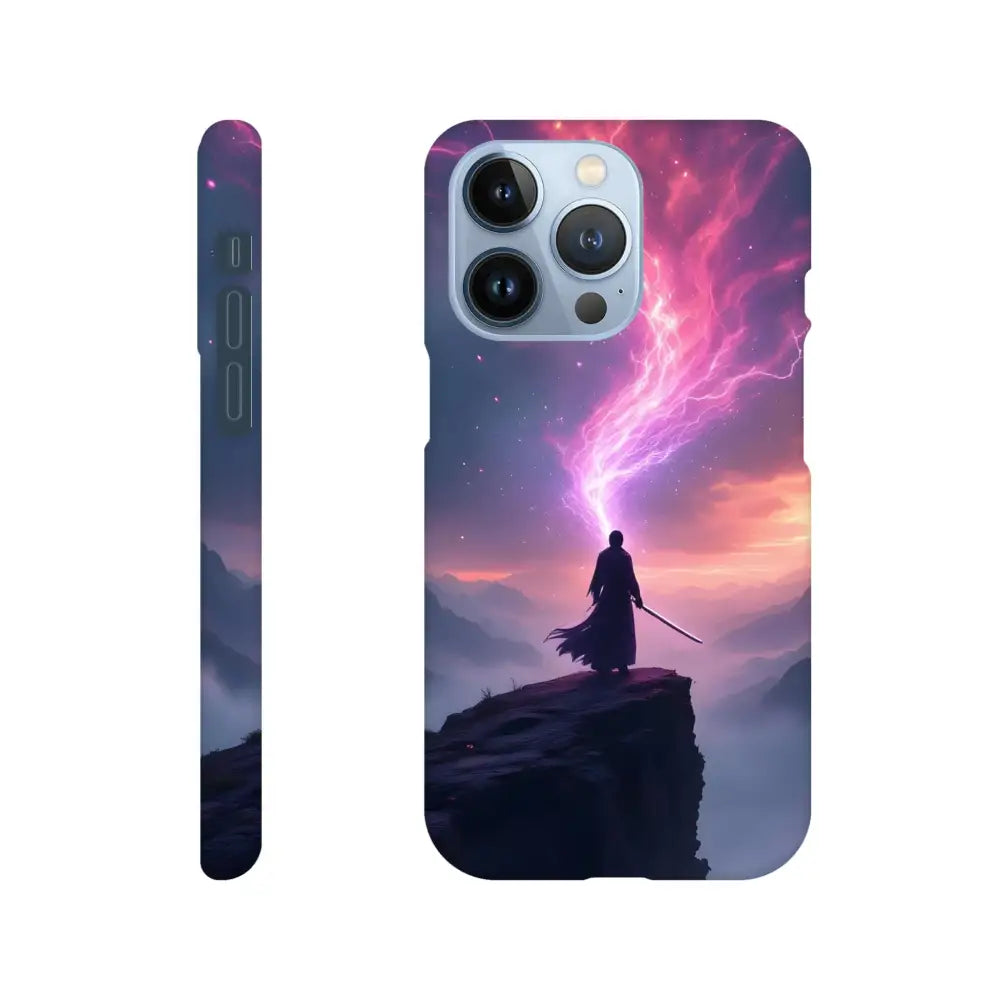Cosmic Cliff iPhone Case featuring samurai and lightning design by PixiOnyx Slim Shell
