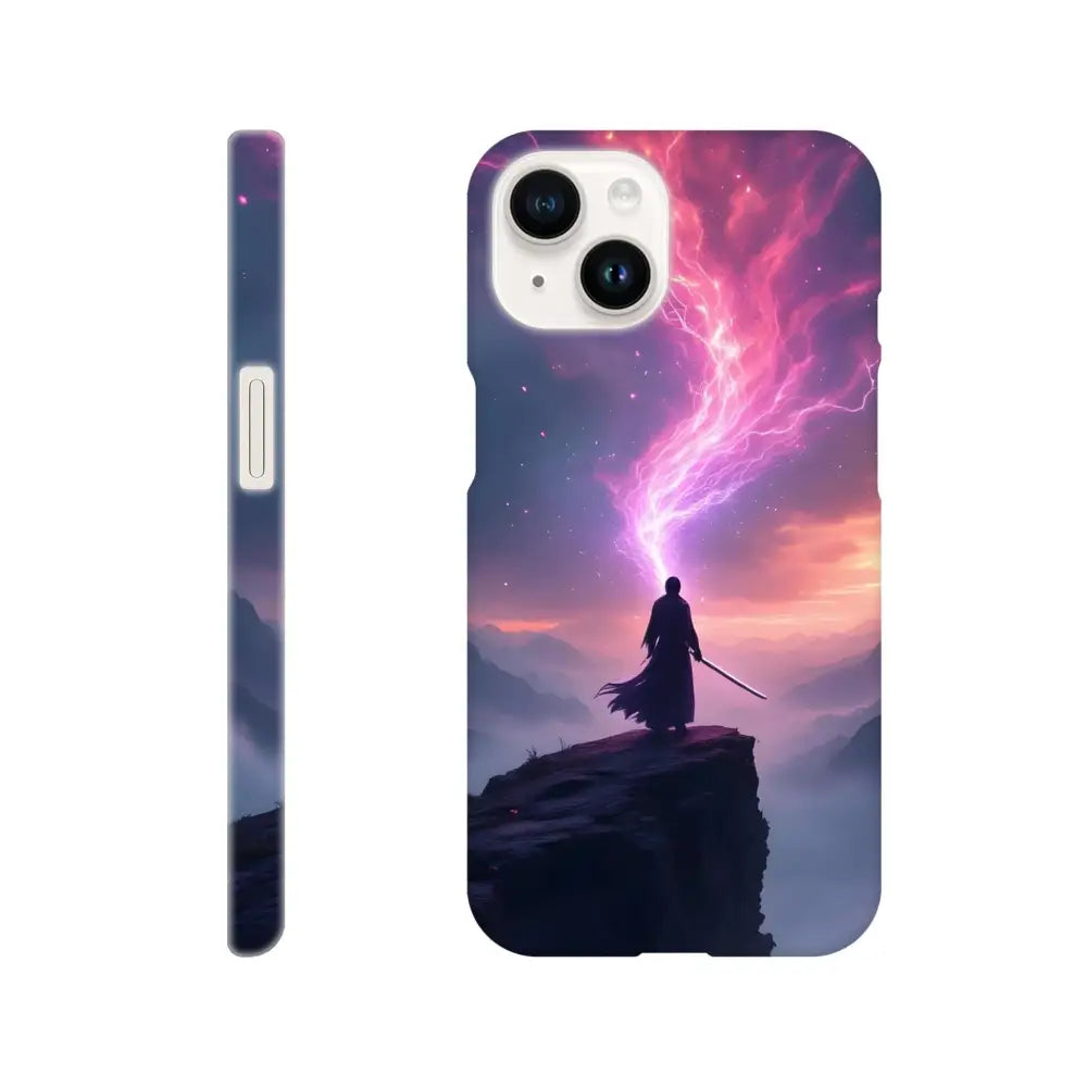 Cosmic Cliff iPhone Case featuring samurai figure and lightning design by PixiOnyx