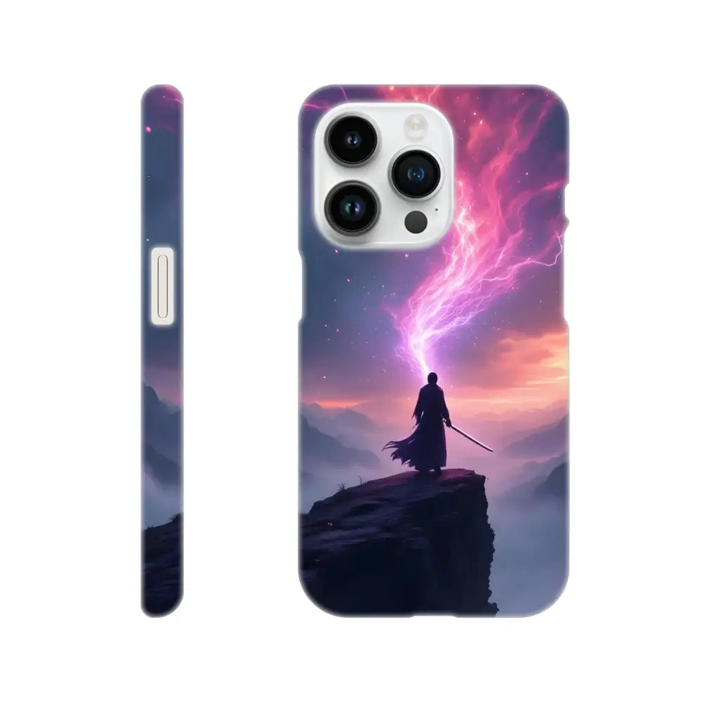 Samurai-themed phone case on Cosmic Cliff iPhone Case Edge of Power PixiOnyx Slim Shell