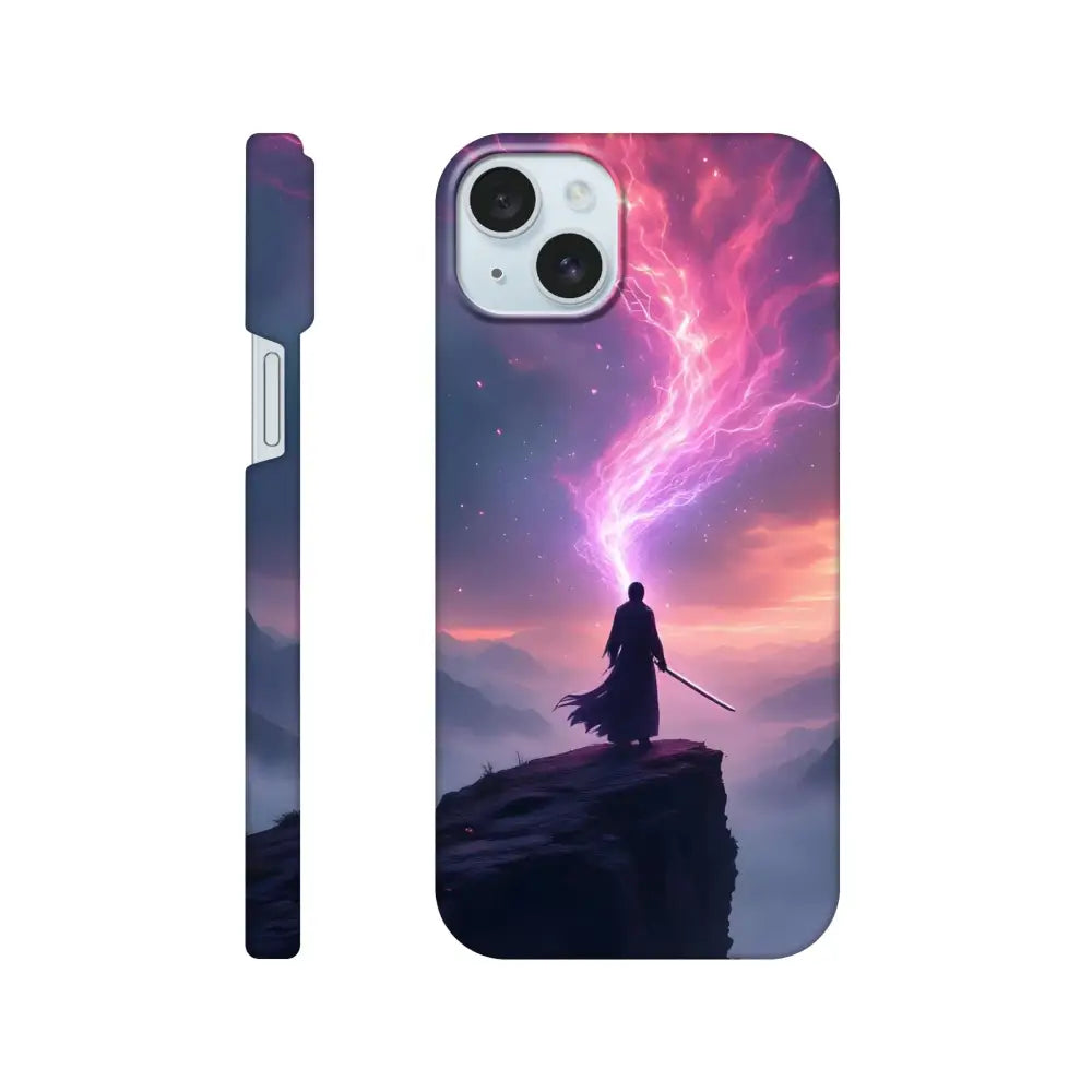 Cosmic Cliff iPhone Case with warrior and lightning design by PixiOnyx Slim Shell