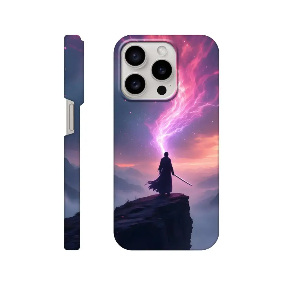 Cosmic Cliff iPhone Case featuring a fantasy warrior design and PixiOnyx Slim Shell