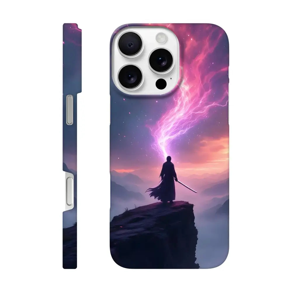 Cosmic Cliff iPhone Case with Samurai and Lightning Design | PixiOnyx Slim Shell