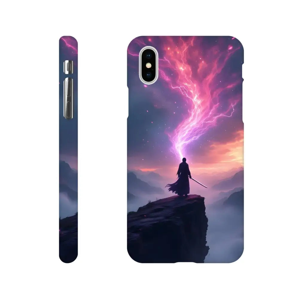 Cosmic Cliff iPhone Case with mystical warrior design and PixiOnyx Slim Shell style