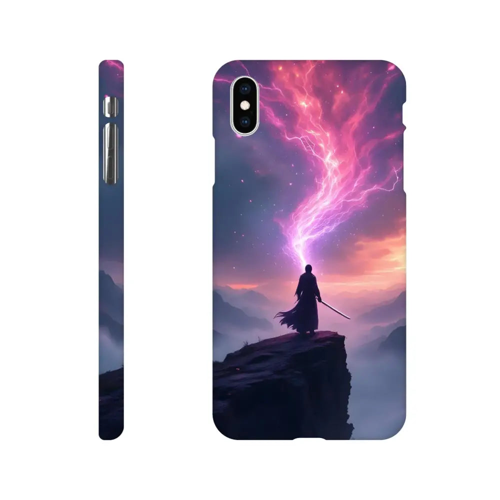 Cosmic Cliff iPhone Case with mystical warrior design and PixiOnyx Slim Shell style