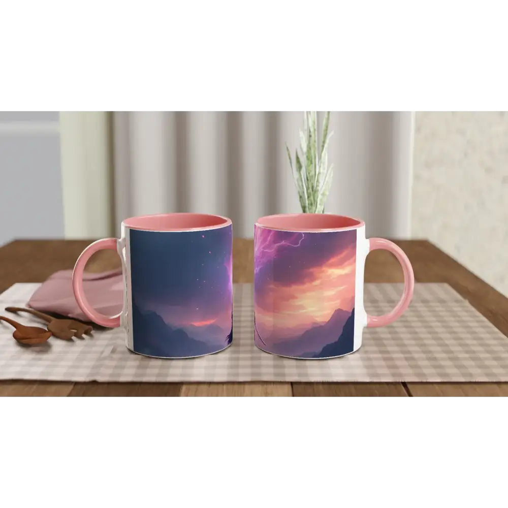 Two pink-handled ceramic mugs with landscape designs from Cosmic Cliff Mug Edge of Power PixiOnyx