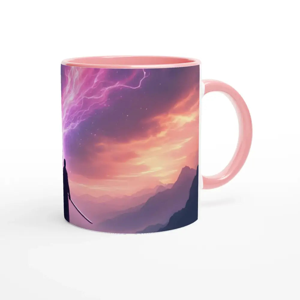 Pink-trimmed Cosmic Cliff Mug with Samurai Design, PixiOnyx 11oz Ceramic Sipper