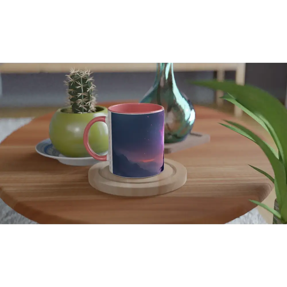 Red-handled Cosmic Cliff Mug with Mountain Sunset Design in PixiOnyx 11oz Ceramic Sipper