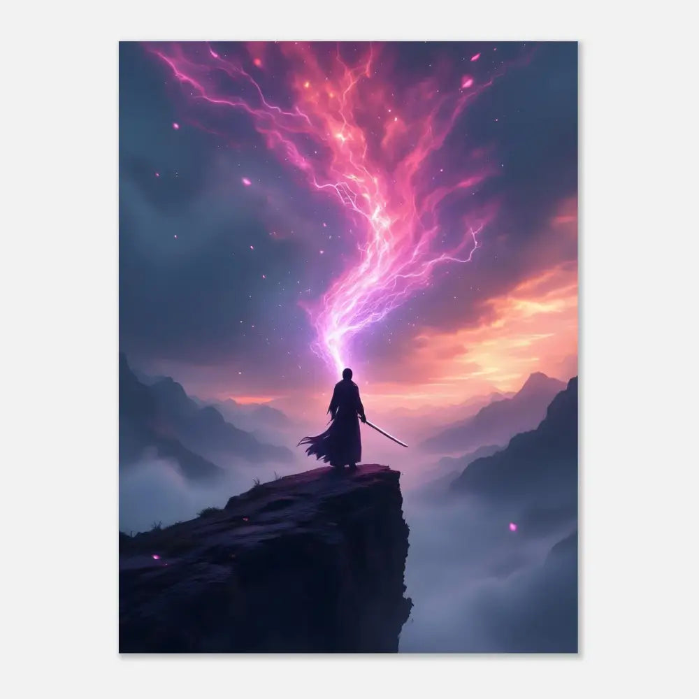 Mystical figure wielding sword under lightning in Cosmic Cliff Poster by PixiOnyx Fine Art