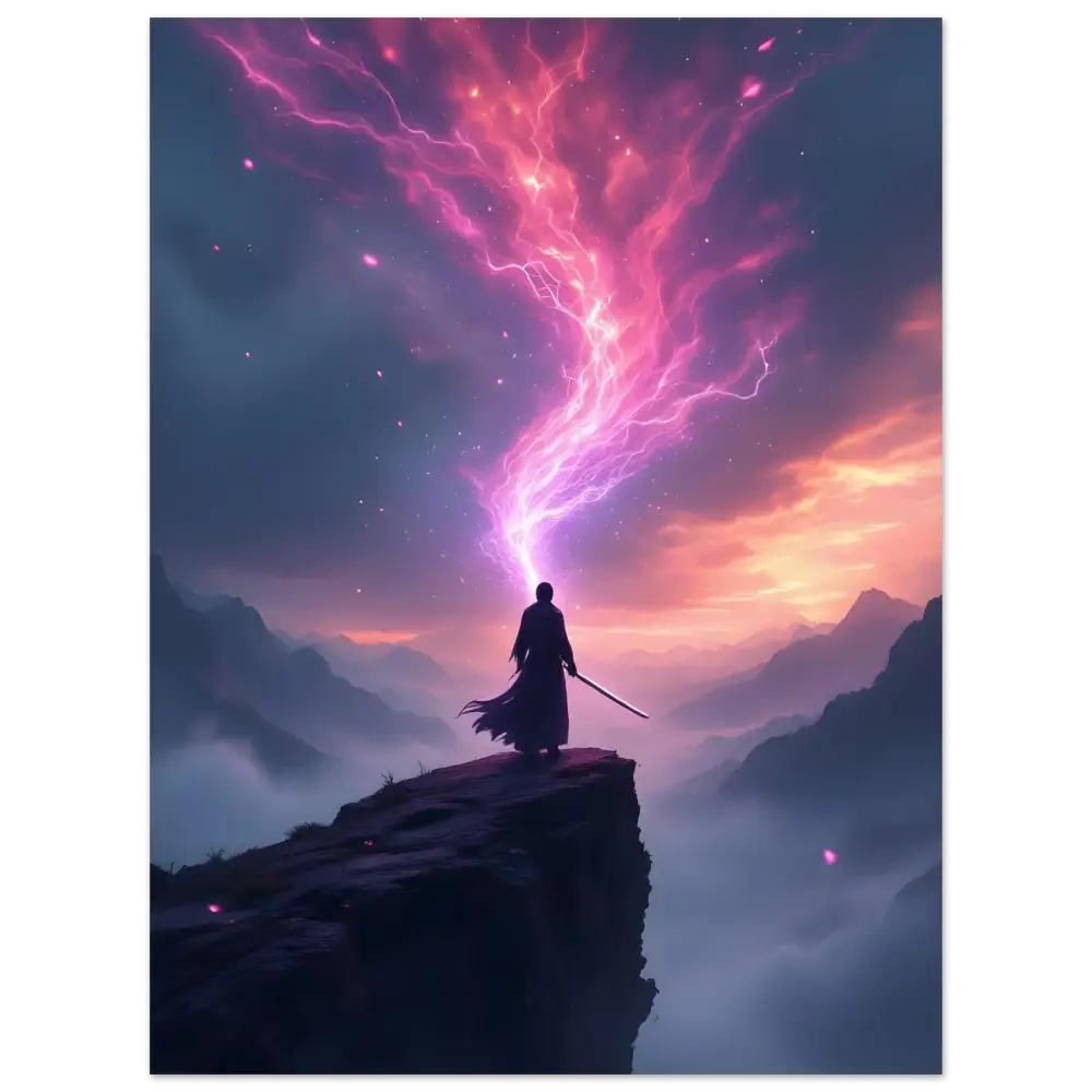 Mystical warrior channeling energy in front of Cosmic Cliff Poster by PixiOnyx Fine Art Print
