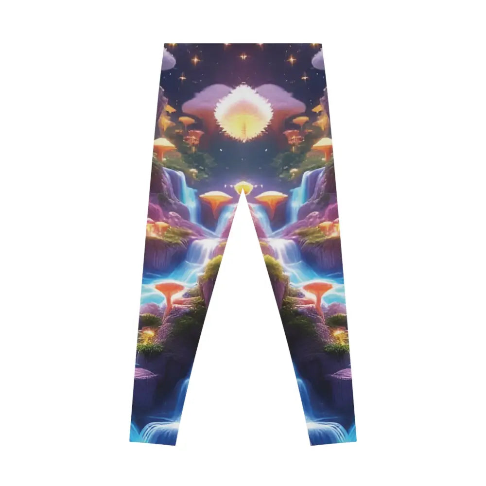 Fantasy landscape leggings featuring cosmic heartburst and psychedelic artistic print for women