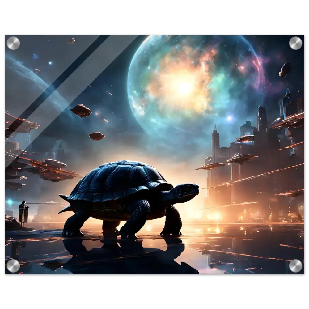 Futuristic turtle art displayed on Cosmic Voyager Acrylic Print by PixiOnyx Lucid Wall Display