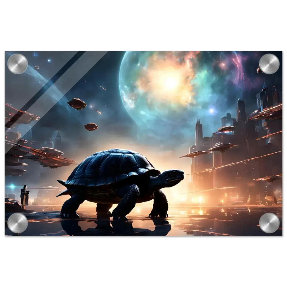 Futuristic turtle art featured on Cosmic Voyager Acrylic Print in Tranquil Expansion design