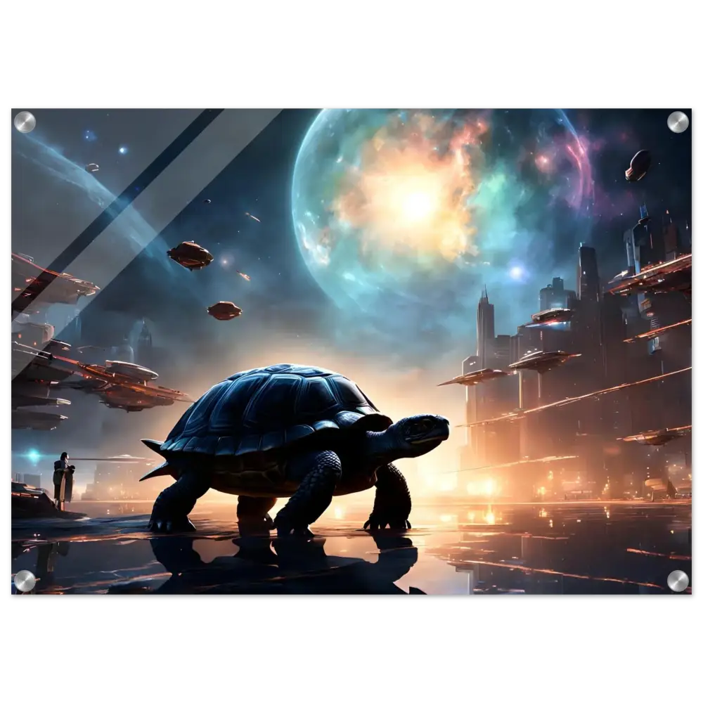 Futuristic turtle cityscape art displayed on Cosmic Voyager Acrylic Print by PixiOnyx