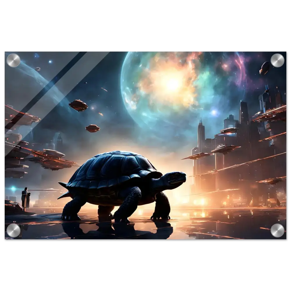 Futuristic turtle art displayed on Cosmic Voyager Acrylic Print by PixiOnyx Lucid Wall Display