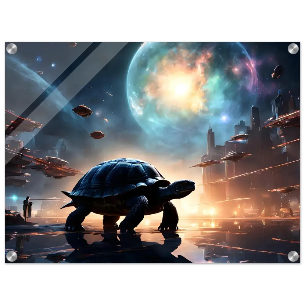 Futuristic turtle art on Cosmic Voyager Acrylic Print Tranquil Expansion PixiOnyx