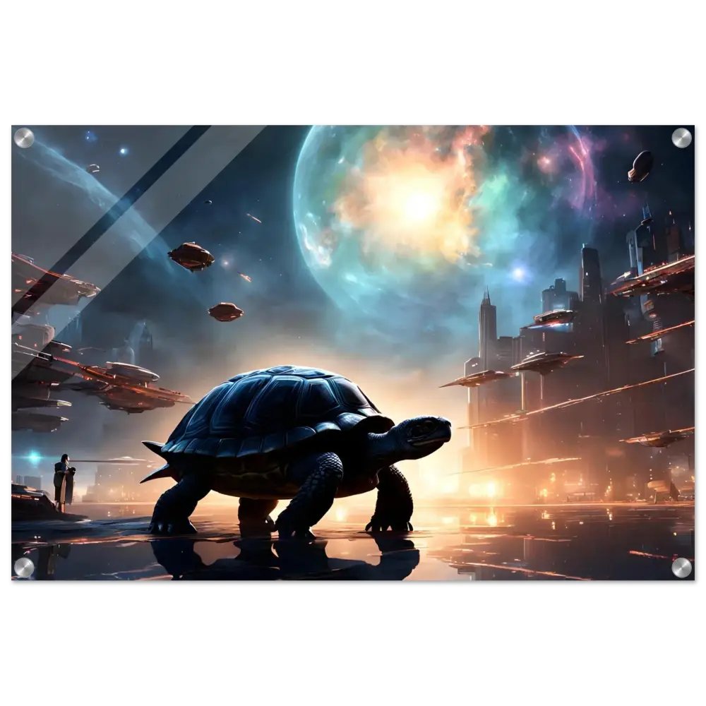 Futuristic turtle art displayed on Cosmic Voyager Acrylic Print by PixiOnyx Lucid Wall Display