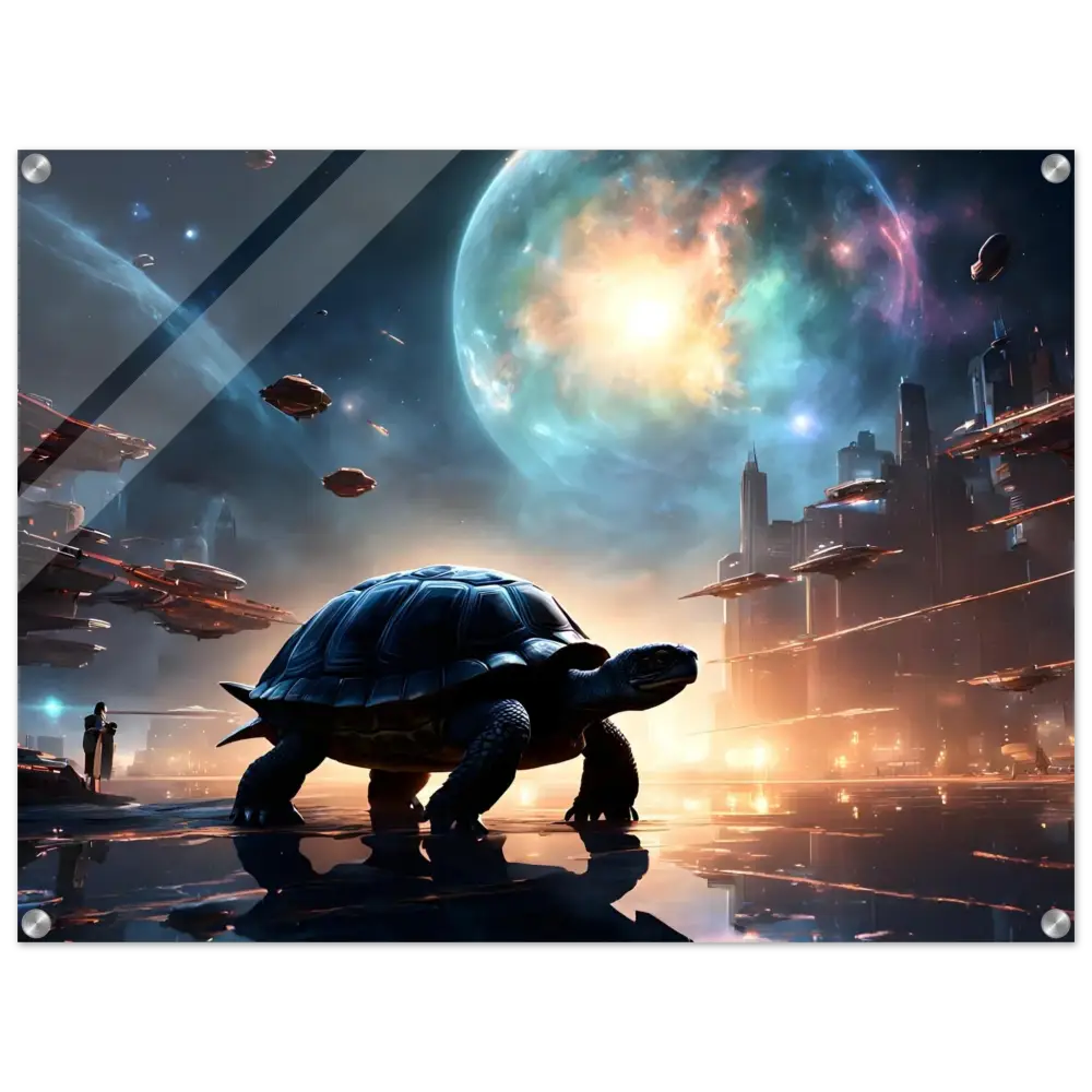 Futuristic turtle art displayed on Cosmic Voyager Acrylic Print by PixiOnyx Lucid Wall Display