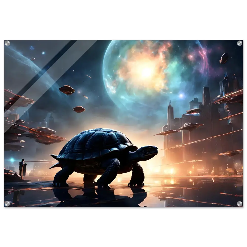 Futuristic turtle art displayed on Cosmic Voyager Acrylic Print Tranquil Expansion by PixiOnyx