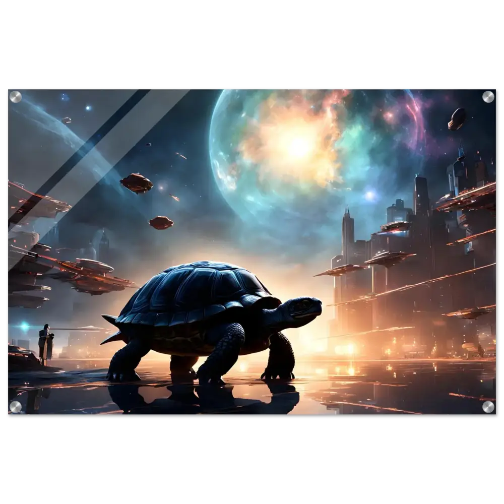 Futuristic turtle cityscape depicted on Cosmic Voyager Acrylic Print by PixiOnyx