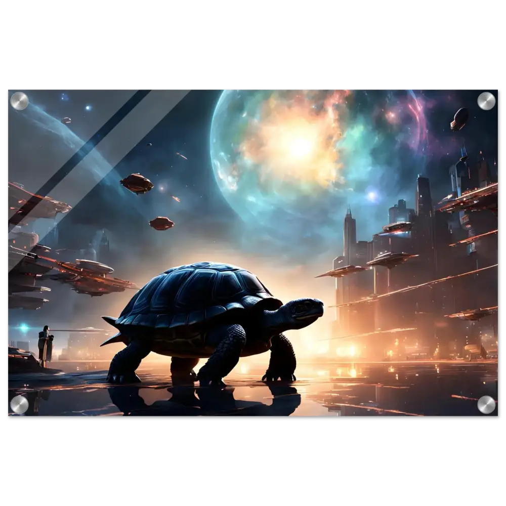 Futuristic turtle art displayed on Cosmic Voyager Acrylic Print Tranquil Expansion by PixiOnyx