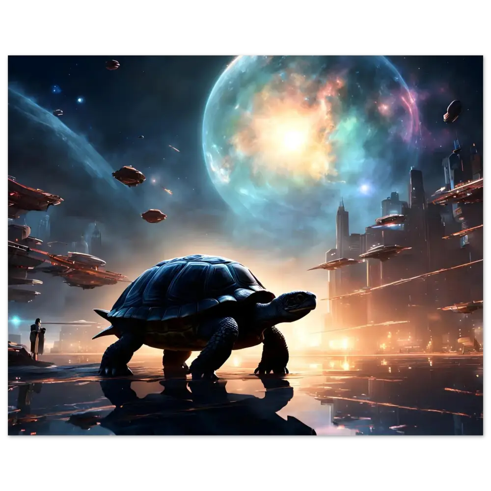 Futuristic turtle artwork on Cosmic Voyager Aluminum Print by PixiOnyx Galactic Metal Art