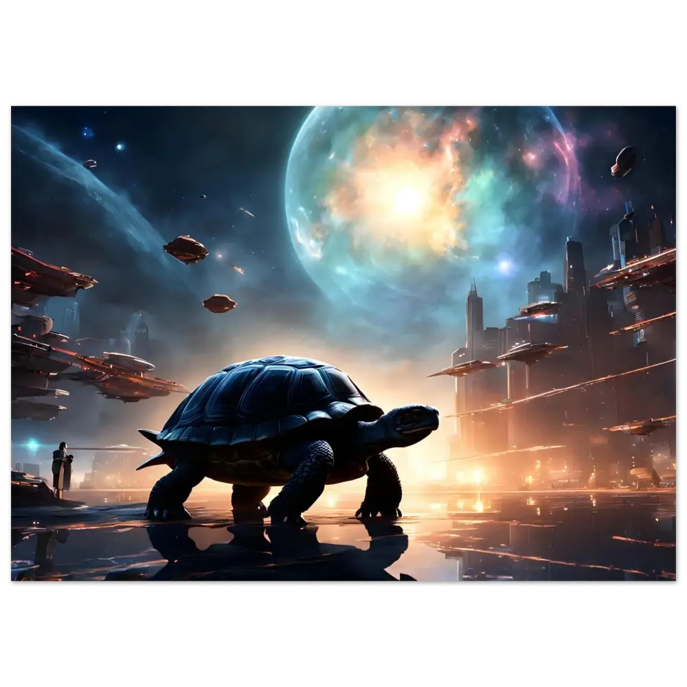 Giant space turtle aluminum print on Cosmic Voyager Starport Drift galactic metal art