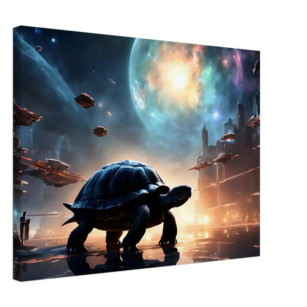 Futuristic turtle in a cityscape displayed on Cosmic Voyager Canvas PixiOnyx Dreamcore Wall Art