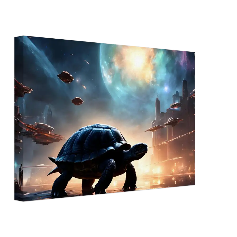 Futuristic turtle artwork on Cosmic Voyager Canvas Shell of the Stars PixiOnyx Wall Art