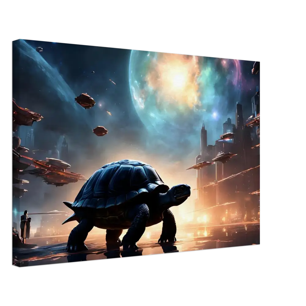 Futuristic turtle in a cityscape on Cosmic Voyager Canvas PixiOnyx Dreamcore Wall Art