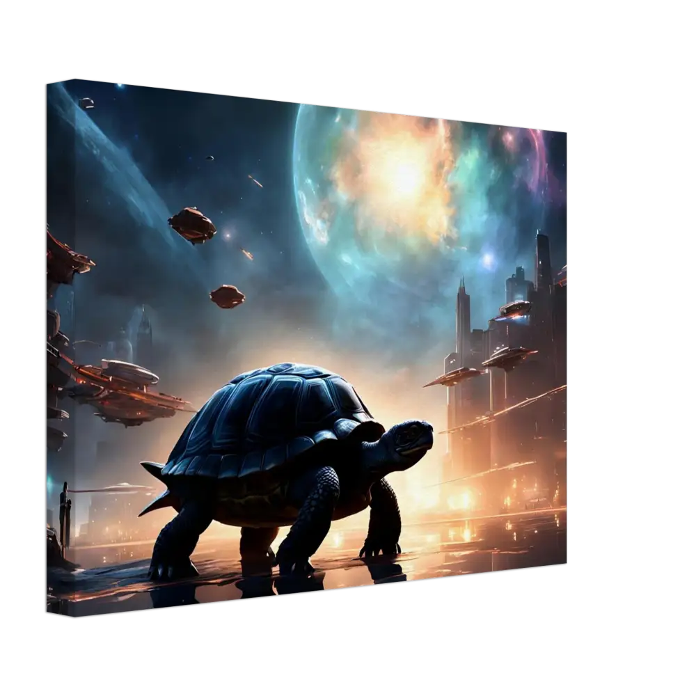Futuristic turtle in cityscape displayed on Cosmic Voyager Canvas Wall Art by PixiOnyx