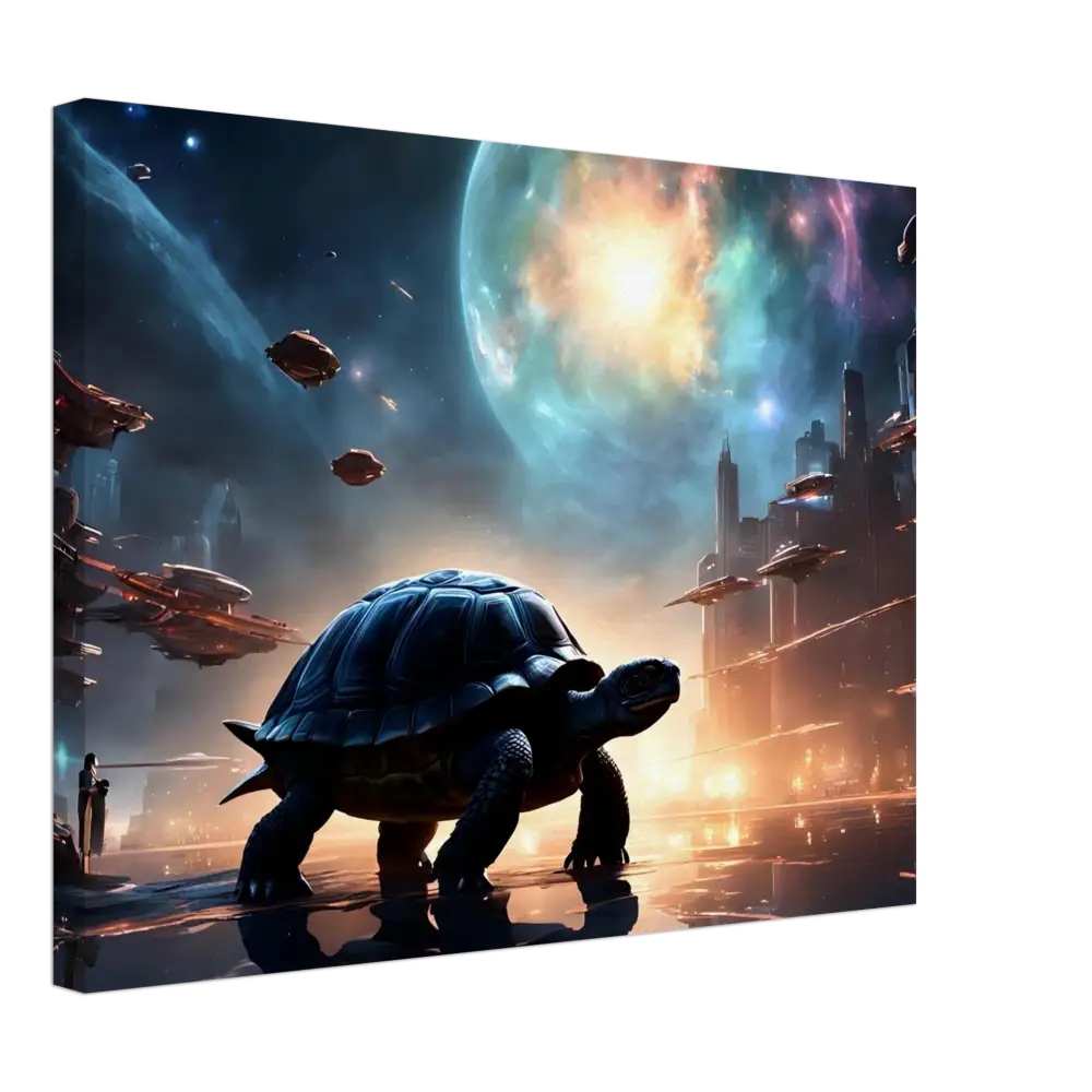 Futuristic turtle canvas art from Cosmic Voyager Collection by PixiOnyx Dreamcore Wall Art